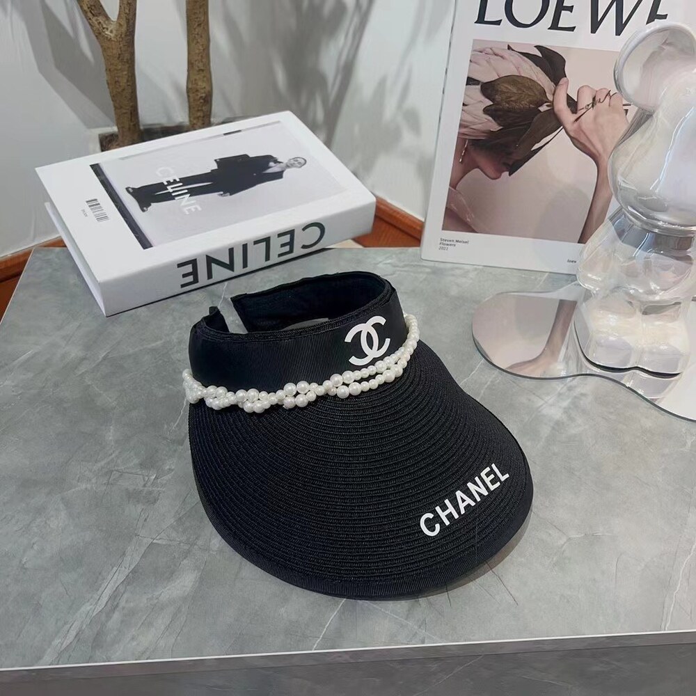 Chanel Pearl Trim Black Straw Sun Visor - Picture 5 of 6